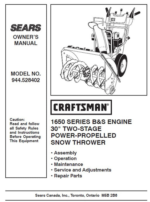944.528402 Craftsman Manual for 30" TWO-STAGE POWER-PROPELLED SNOW THROWER
