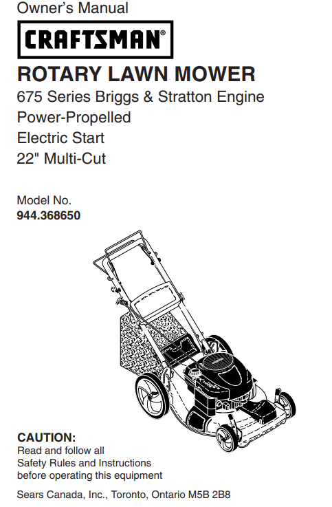 944.368650 Owner's Manual for Craftsman 22" Self Propelled Lawn Mower   | DRMower.ca